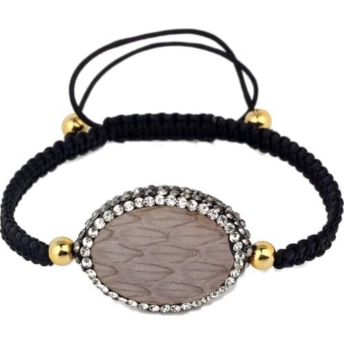 New Pave Rhinestone Leather Stone Connectors Charms With Copper Bead Black Rope Thread Macrame Adjustable Bracelet For Women