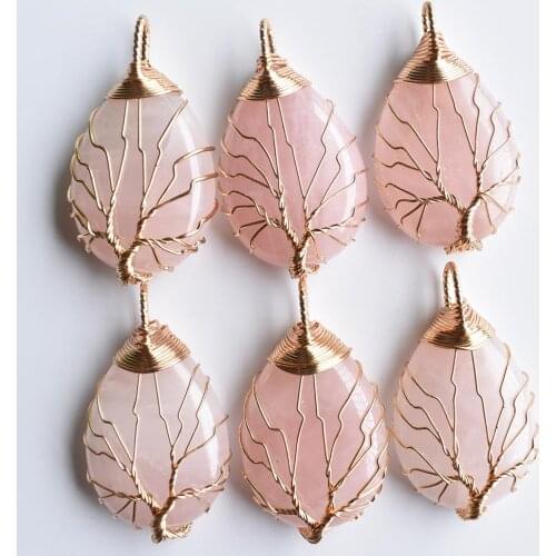 Wholesale 6pcs/lot Gold Color Wire Wrap handmade tree of life drop shape natural pink quartz stone pendants free shipping