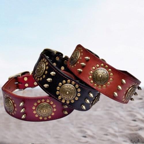 Genuine Leather Dog Collar Studded Soft Padded Inside Brown Leather Spiked Studded Adjustable Stylish Leather Dog Collar