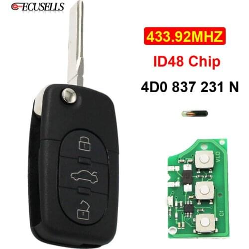 Folding Flip 3 Button Remote Car Key 4D0 837 231 N 433.92MHZ ID48 Chip 4D0837231N HU66 Uncut Blade For Audi A6 Quattro S6 TT