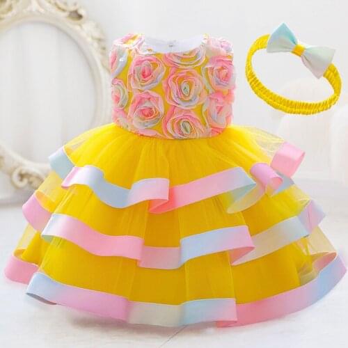 2021 Flower Colorful Baptism 1 Year Birthday Dress For Baby Girl Ceremony Princess Dresses Party Cake Tutu Dress Child Headband