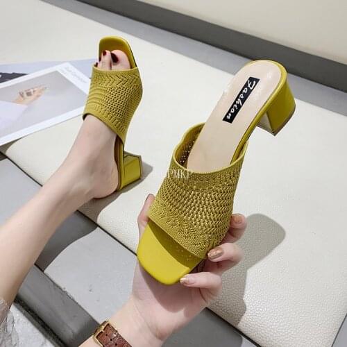 2020 Summer Sandals Women Shoes Women Mules Slides Peep Toe Square High Heels Sandals Female Shoe Casual Square Heel 35-39
