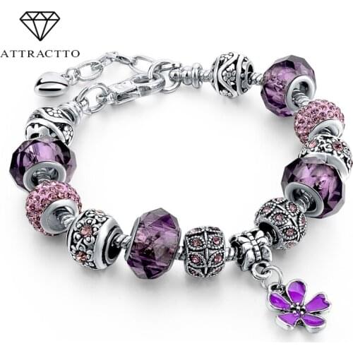ATTRACTTO Silver Charms Bracelets&Bangles Christmas Gift For Women With Crystal Beads Pulseras DIY Jewelry Bracelets SBR160037