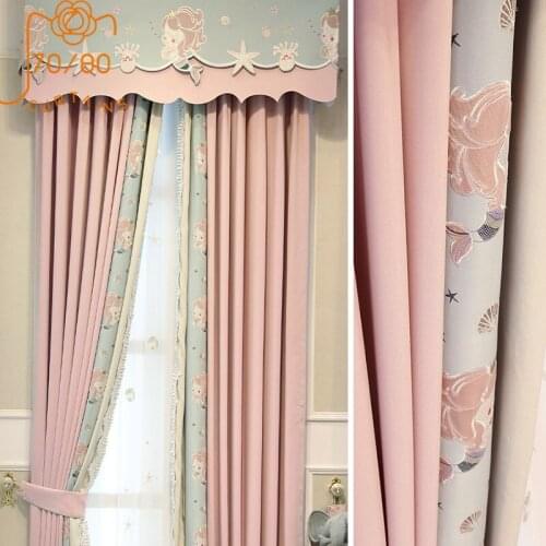 New Curtains Mermaid Lace Full Blackout Pink Girl Princess Wind Cartoon Curtains for Childrens Room Bedroom Bay Window