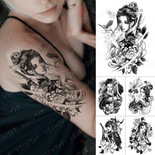 Waterproof Temporary Tattoo Sticker Kimono Beauty Warrior Bird Flash Tattoos Japanese Sketch Body Art Arm Fake Tatoo Women Men