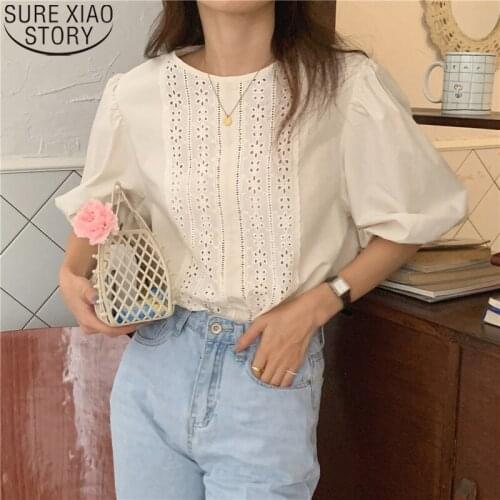 French Style Hook Flower Hollow Blouse Women Stitching Lace Shirt O-Neck Pullover Puff Sleeve Summer Casual Tops Clothes 15191