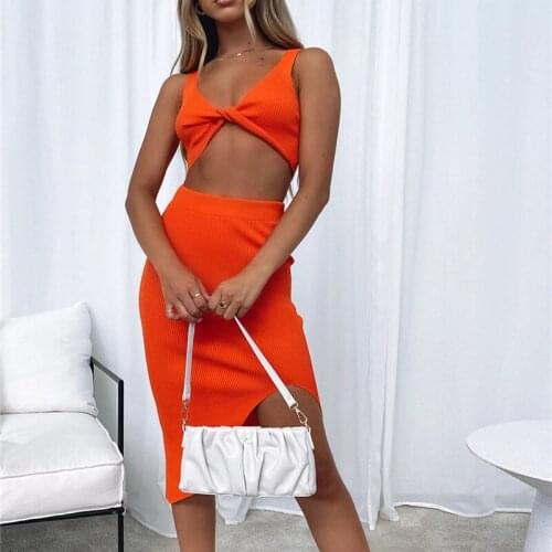 Wsevypo Women Dress Sets Solid Color Two-Pieces Twist Knot Strap Crop Tops+Slit Bodycon Skirts Party Elegant Lady Outfits