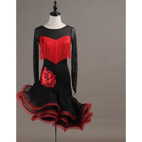 Red Tassel Latin Dance Performance Competition Clothing Three-dimensional Flower Latin Dance Dress Women Performance Dance Skirt