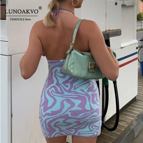 Bodycon Mini Dress is Knit Jagged Swirl Lavender and Mint Print Dresses for Women 2021 Sexy Halter Neckline Dress