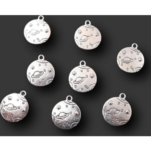 10pcs Silver Plated Alien Universe UFO Metal Tag Bracelet Pendants DIY Charms For Jewelry Carfts Making Supplies 20*17mm A2304