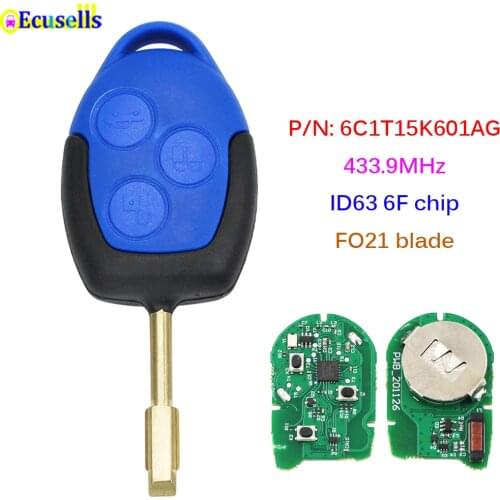 3 Buttons Remote Car Key FOB 433MHz 4D63 6F Chip FO21 Blade for Ford Transit WM VM 2006-2014 P/N: 6C1T15K601AG Black Head