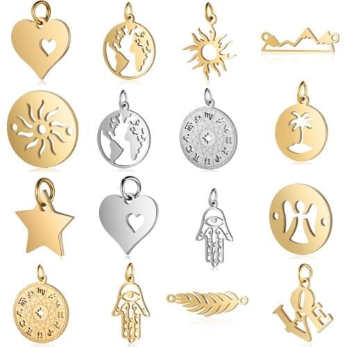 5pcs/lot diy palm pineapple stainless steel charm pendant wholesale sun world map horoscope jewelry bracelet connector charms