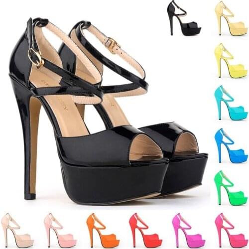 Sexy word buckle sandals women 2020 summer Peep Toe PU 14CM Thin High heels Buckle Strap waterproof women shoes size 35-42