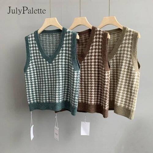 JulyPalette Houndstooth Preppy Style V-neck Knitted Vest Autumn Winter Vintage Sleeveless Knitted Pullover Soft Women Jumper