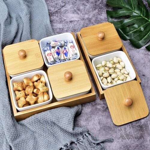 Multi Grid Ceramic Box Bamboo Storage Trays Home Kitchen Food Dessert Tea Dish Nut Snack Candy Organizer Decoration Serving Tray