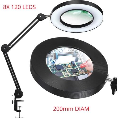 2021 NEW 200MM Diam 120 LED 8X Magnifying Glass for Reading Soldering station phone with LED light stand Illuminated magnifier