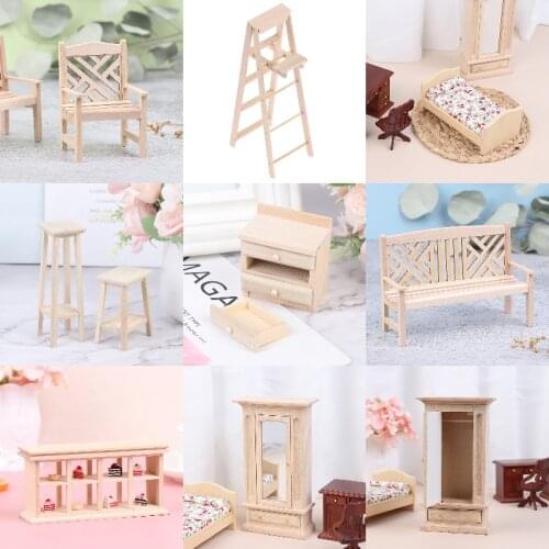 New Hot！Mini Dollhouse Chair Cupboard Bed Room Wardrobe with Mirror Miniature Kids Pretend Play Toy Developmental Toys