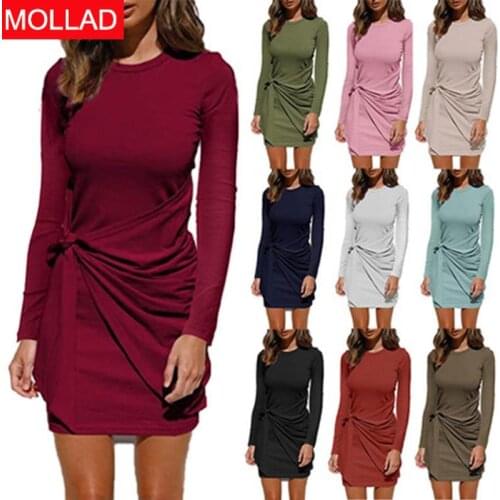 2021 Europe and America New Long Sleeve round Neck Pleated Bow Belt Irregular Dress