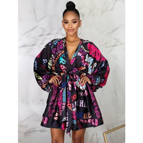 Echoine Autumn Long Sleeve V-necK Flare Sleeve Mini Dress with Belt Elegant Party Club Vintage Vestidos