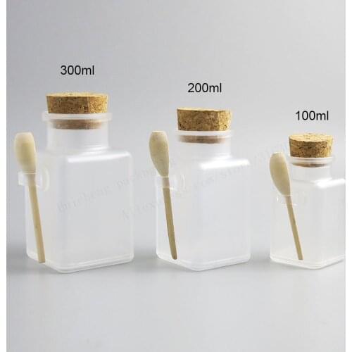 100 x Empty 100g 200g 300g square bath salt Bottle 200ml powder plastic bottle with cork bath salt jar with wood spoon