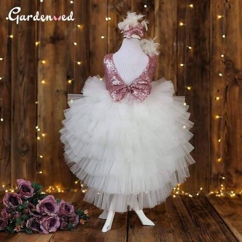 Gardenwed Puffy Ball Gown Flower Girl Dresses Sequin Pink Bow Girl Wedding Party Dress High-Low Kid Dress For Girl 2020