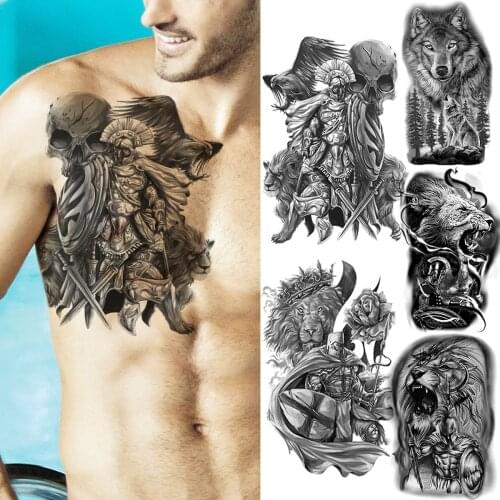 3D Realistic Knight Chest Tribe Temporary Tattoos For Men Adult Lion Wolf Fake Tattoo Stickers Body Art Painting Washable Tatoos
