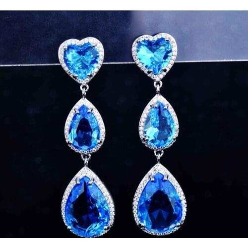 Luxury Long Tassels Drop Earrings Inlay AAA Blue Cubic Zircon Exquisite Romantic Heart Jewelry For Women Wedding Valentines Gift
