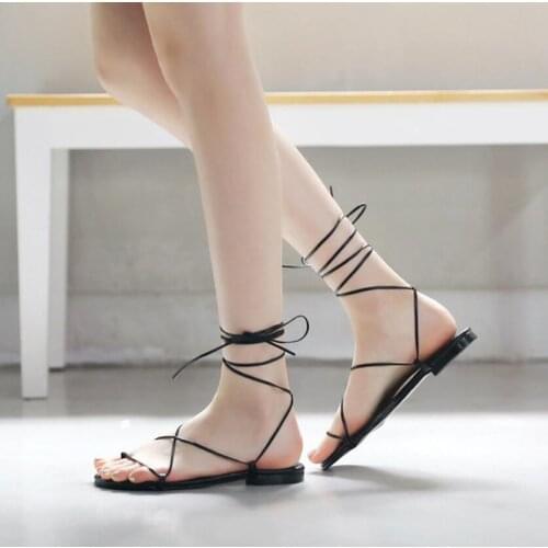 Roman style narrow band strappy sandals women clip toe flat heel cross-tied gladiator sandalias mujer lace up jandal shoes woman