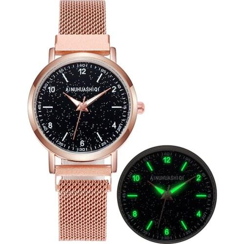 Top Women Watches Ladies Rosy Gold Mesh Magnet Starry Sky Quartz Watch Women Luminous Casual Dress Watches Relogio Feminino Hot