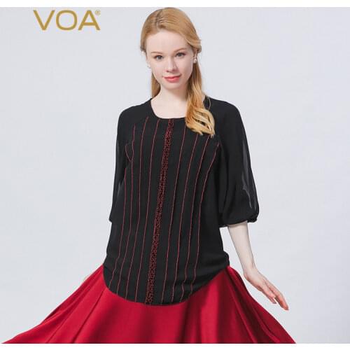 VOA Silk Georgette Black Woman Tshirts Lantern Short Sleeve Crewneck Fungus Pair Silk Craft Temperament T-shirt Female BE720
