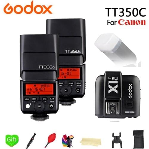 2x GODOX TT350C Camera Flash 2.4G Wireless TTL HSS GN36 Flash Speedlite Pocket lights + X1T-C Transmitter For Canon Camera