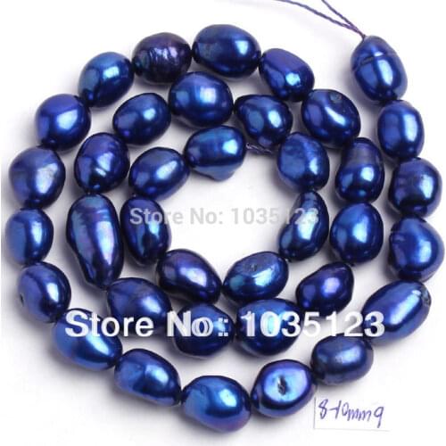 High Quality 8-9mm Deep Blue Natural Freshwater Cultured Pearl Freeform Shape Loose Beads Strand 14" W188