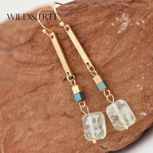 WILD & FREE Women Trendy Natural Stone Drop Earrings Gold Metal Hook Long Dangle Earrings for Women Jewelry Gift