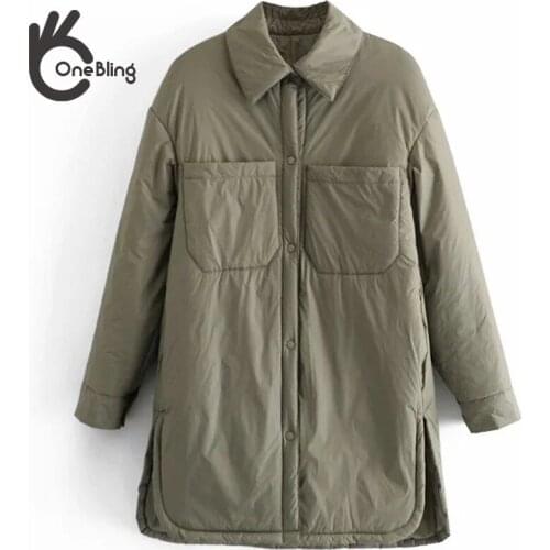OneBling Womens Parkas Thin Oversize Shirt Jackets Femme Long Sleeve Armygreen Coat Outerwear Outfit Big Pocket Overshirt