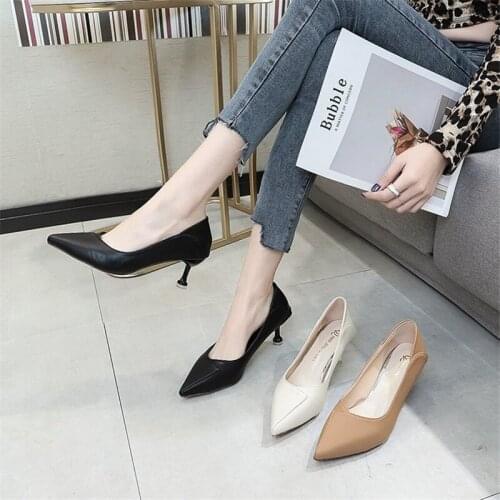 Womens shoes 2021 new spring and summer shallow mouth comfortable working leather shoes mid-heel cover foot rubber stiletto