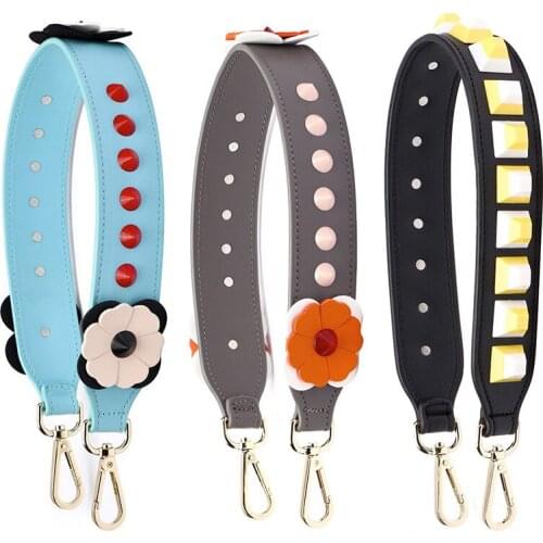 Women Leather Colorful Short Shoulder Strap 2021 Fashion Handbag Handle Blet Accessories Detachable Floral Rivet Shoulder Strap