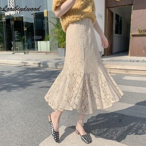 2021 High Waist Skirt Lace White Vintage Fashion Elegant Lining Mermaid Skirts Womens Black Sexy Midi Korean Faldas Mujer