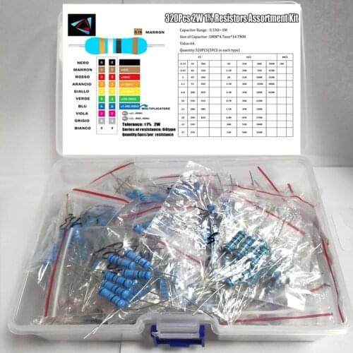 1R-1M ohm 2W 1% 64valuesX5pcs=320pcs DIP metal film resistor,RESISTOR Assorted Kit