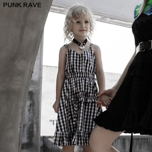 PUNK RAVE Childrens Gothic "A"type Adjustable Spaghetti Strap Slip Dress Tight Waist Ruffles Hem Cute Cootn Girl Plaid Dress