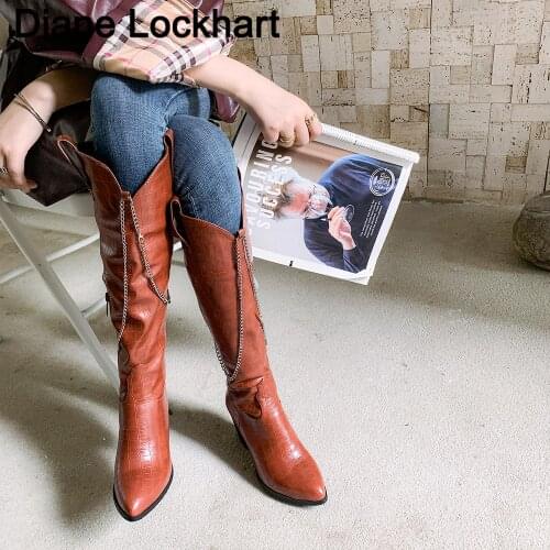 Band Designer Women Knee High Boots Pointed Toe Western Cowboy Boots Women Long Chunky Block High Heel Boots Winter Big Size