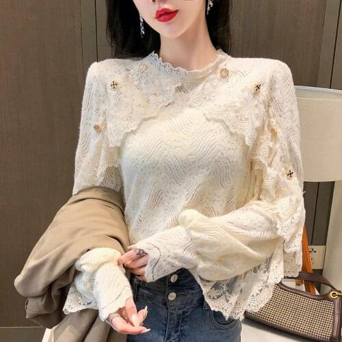 Spring New White Blouse Women Long Sleeve Loose Solid Crochet Lace Shirt Female Floral Stand Collar Ladies Tops Blouses 13025