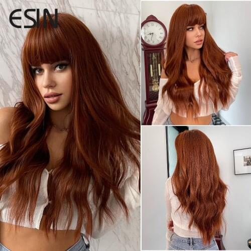 ESIN Long Body Wave Synthetic Wigs with Bangs Brown Red Wine for Women Cosplay Party Natural Heat Resistant