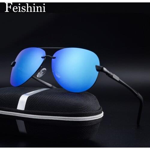 FEISHINI 0761 UV Protection Female Sun Glasses Clear Polaroid Lens Driver Aluminum Polarized Sunglasses Men Blue Mirror