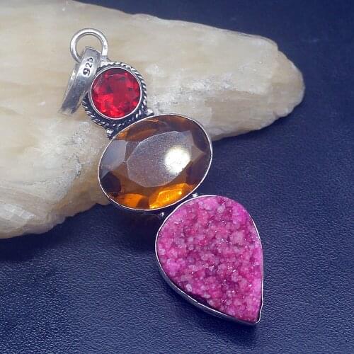 Gemstonefactory Jewelry Big Promotion 925 Silver Natural Druzy Topaz Garnet Charm Women Ladies Gifts Necklace Pendant 1308