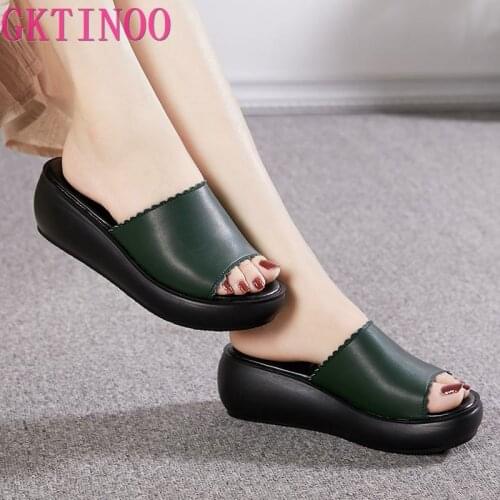 GKTINOO Women Slippers 2020 Ladies Summer Slippers Shoes Women Wedges Heels Fashion Summer Genuine Leather Shoes Platform
