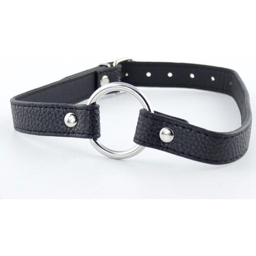 PU Leather Open Mouth Gag Stainless Steel Fellatio Mouth Plug O-Ring, Bondage Restraint Oral Fixation Adult Sex Toy For Couple