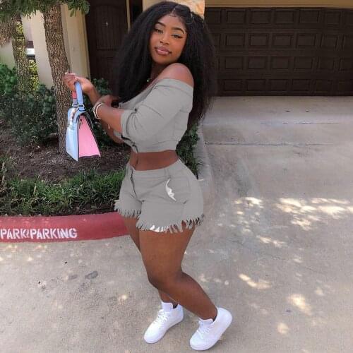 Echoine High Elastic Stretch Off Shoulder Slash Button Crop Top Tassel Shorts Set Two Piece Set Women Sexy Bodycon Sexy Outfits