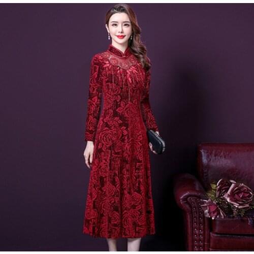 Fashion Autumn New Mother Elegant Embroidery Dress Red Coffee Loose Oversized Plus Size Wedding Style Party Dress for Women