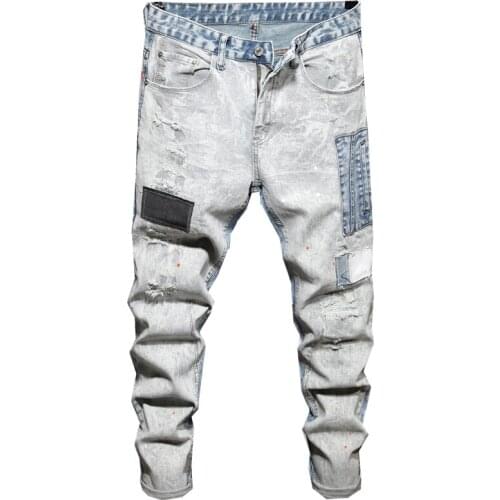 Mens Patchwork Spliced Ripped Jeans Trendy Streetwear Holes Patch Stretch Denim Slim Pencil Pants Trousers Blue