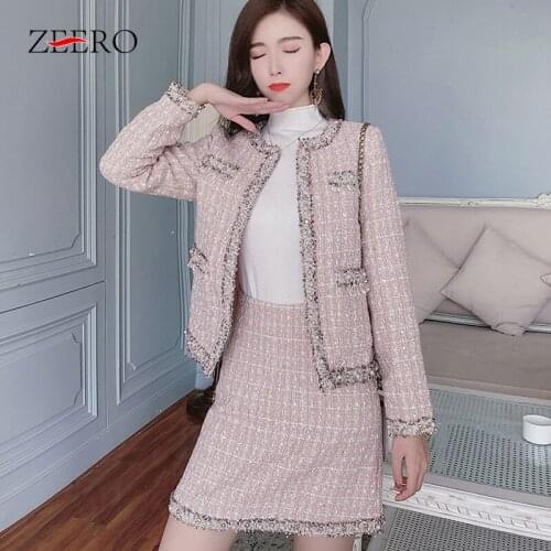 Autumn Winter Elegant Women Tweed Plaid 2 Piece Suit O Neck Weave Beading Pearl Buttons Jacket Coat + Mini Plaid Short Skirt Set